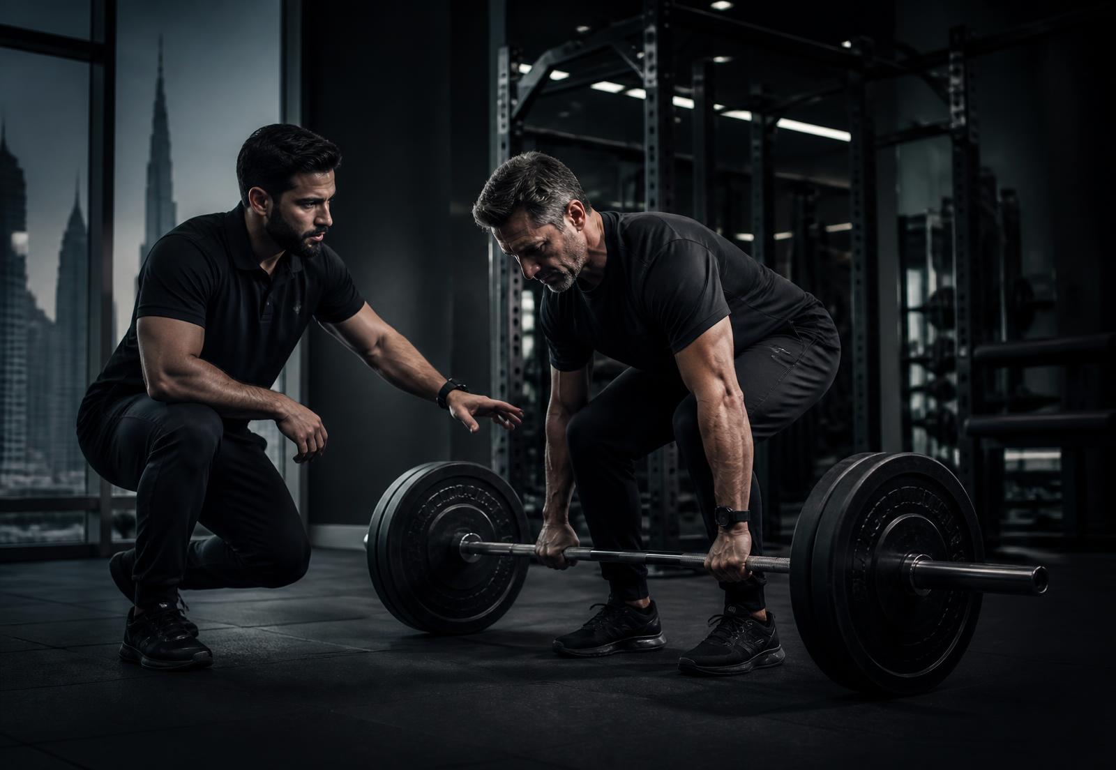 Coach guiding a man in his forties through a barbell lift in a dark, modern Dubai gym