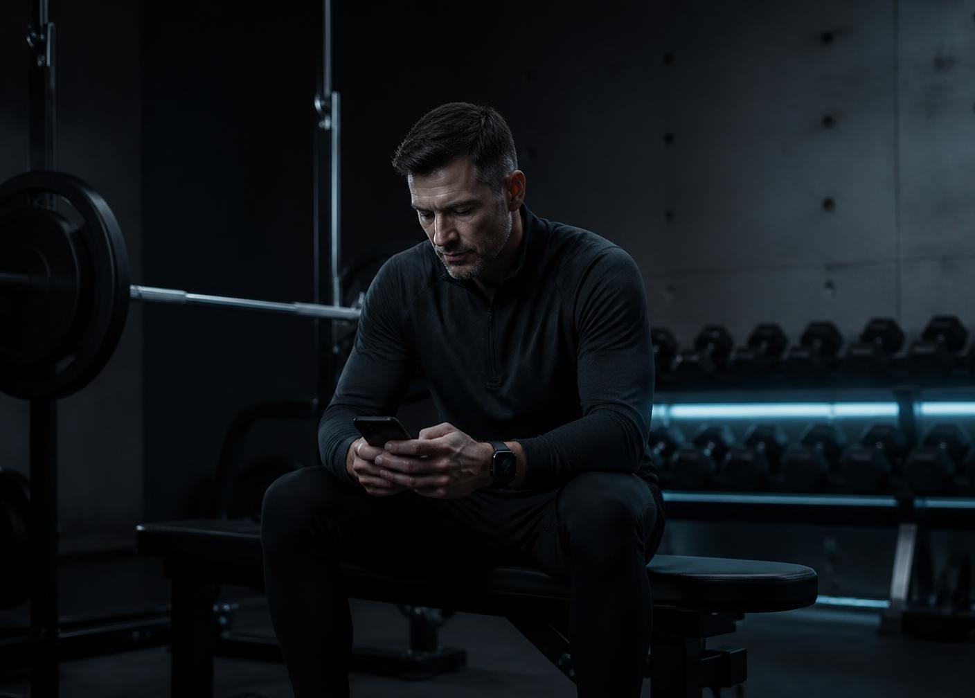Client reviewing a training programme on a phone between sets