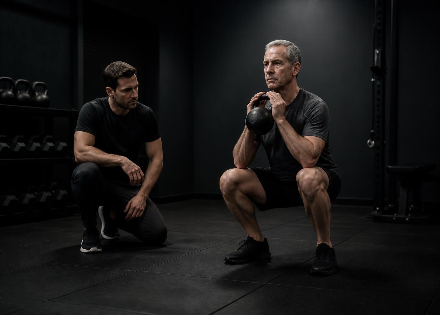 Coach observing a controlled kettlebell squat during a movement assessment